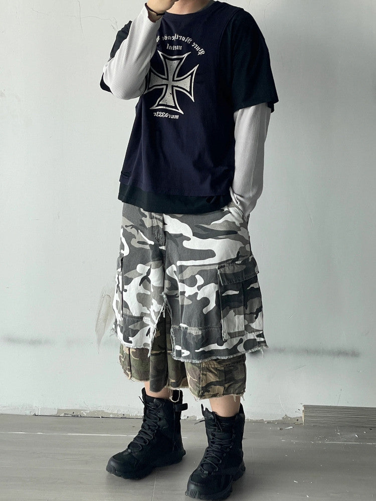 GRAILZ Project G/R Men's Summer Double Layer Camouflage Destruction Splicing Shorts Loose Do-Over Five Pants Ngvp #1919