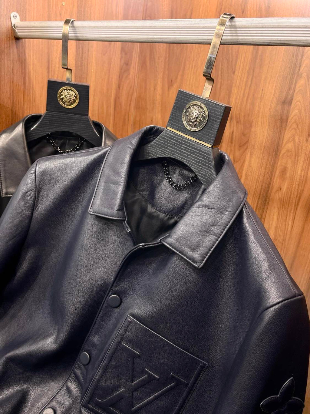 Louis Vuitton Men's Autumn and Winter Solid Color Embossed Leather Monogrammed Single Breasted Long Sleeve Jacket #74224