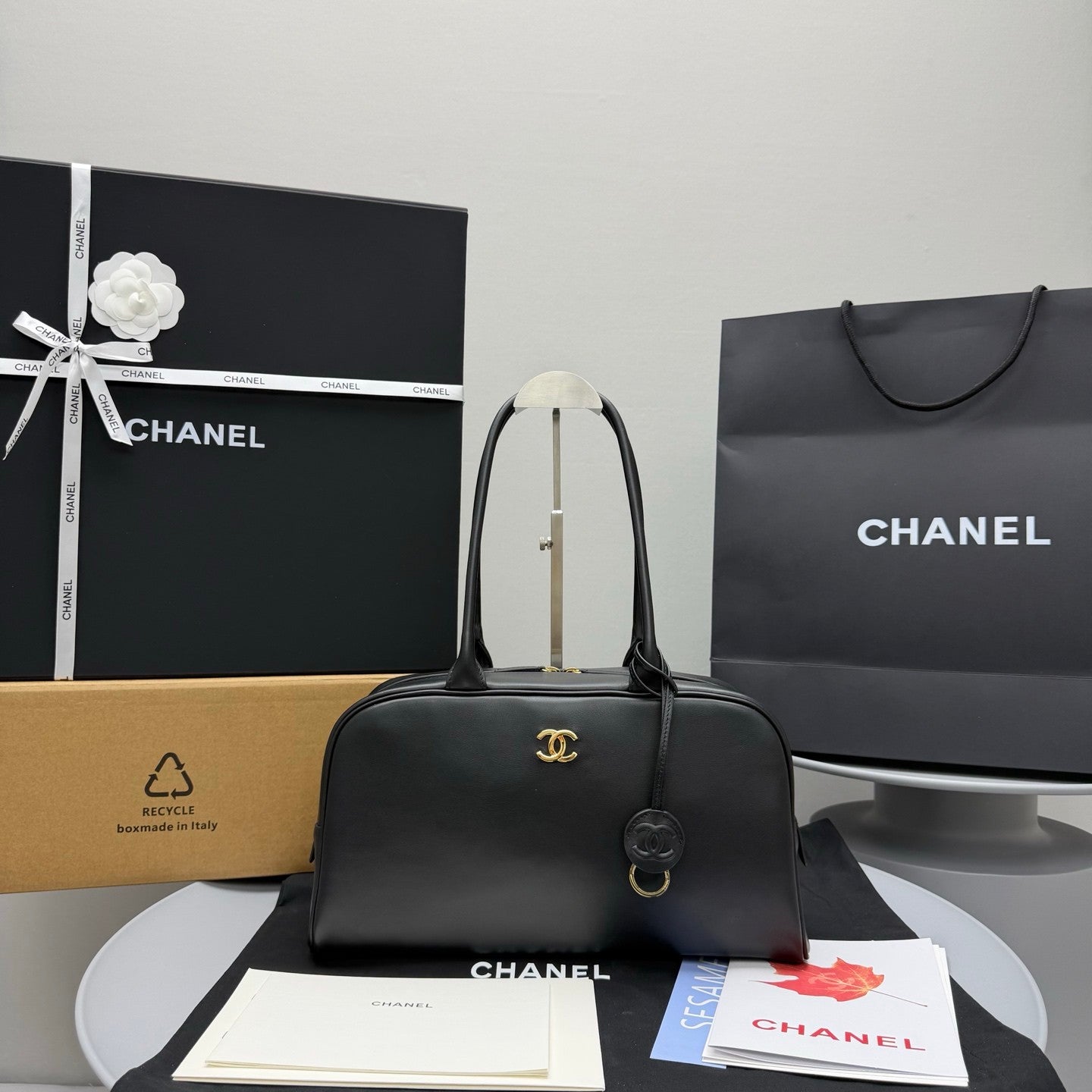 CHANEL Large Bowling Bag Calfskin Gold-tone Metal Black #383866