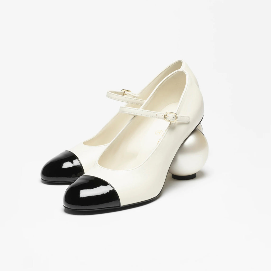 Chanel Women's Spring/fall Classic Two-tone Leather Low-top Round Toe Mary Jane Heels With Pearl Embellished Heels High Heels Shoes #79356