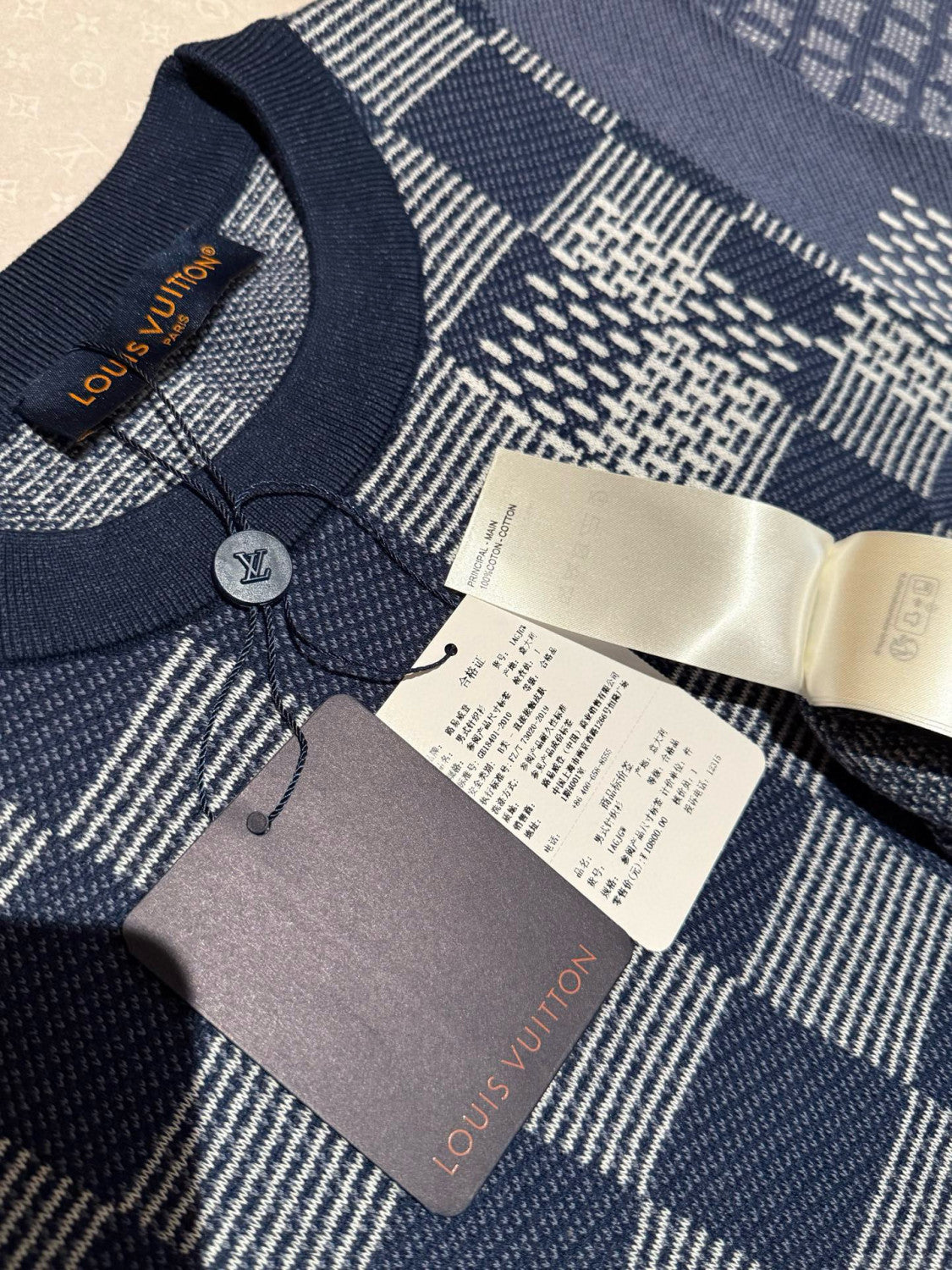 Louis Vuitton x Men's Letter Print Plaid Knit Summer Crew Neck Short Sleeve Solid Color T-Shirt #81354