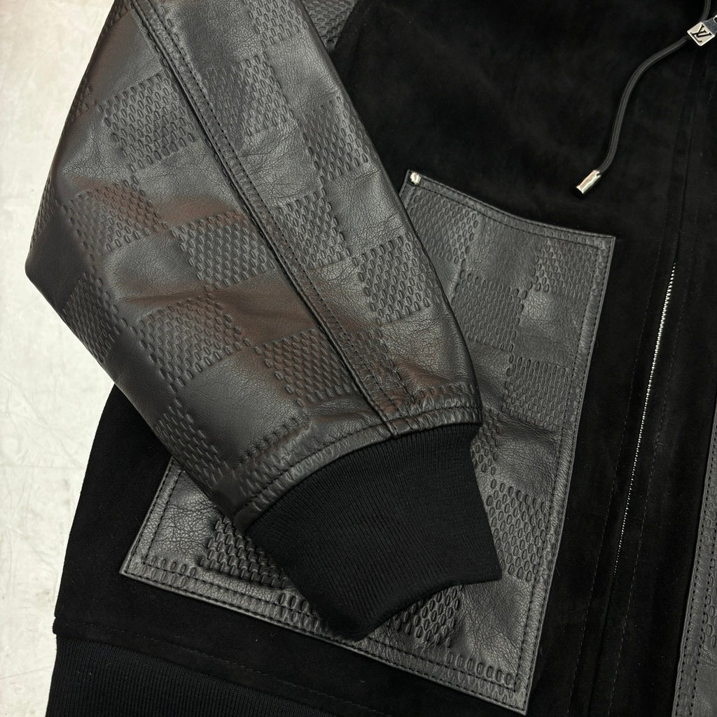Louis Vuitton Men's Fall And Winter Black Suede Patchwork Hooded Drawstring Zipper Long Sleeve Jacket #73125