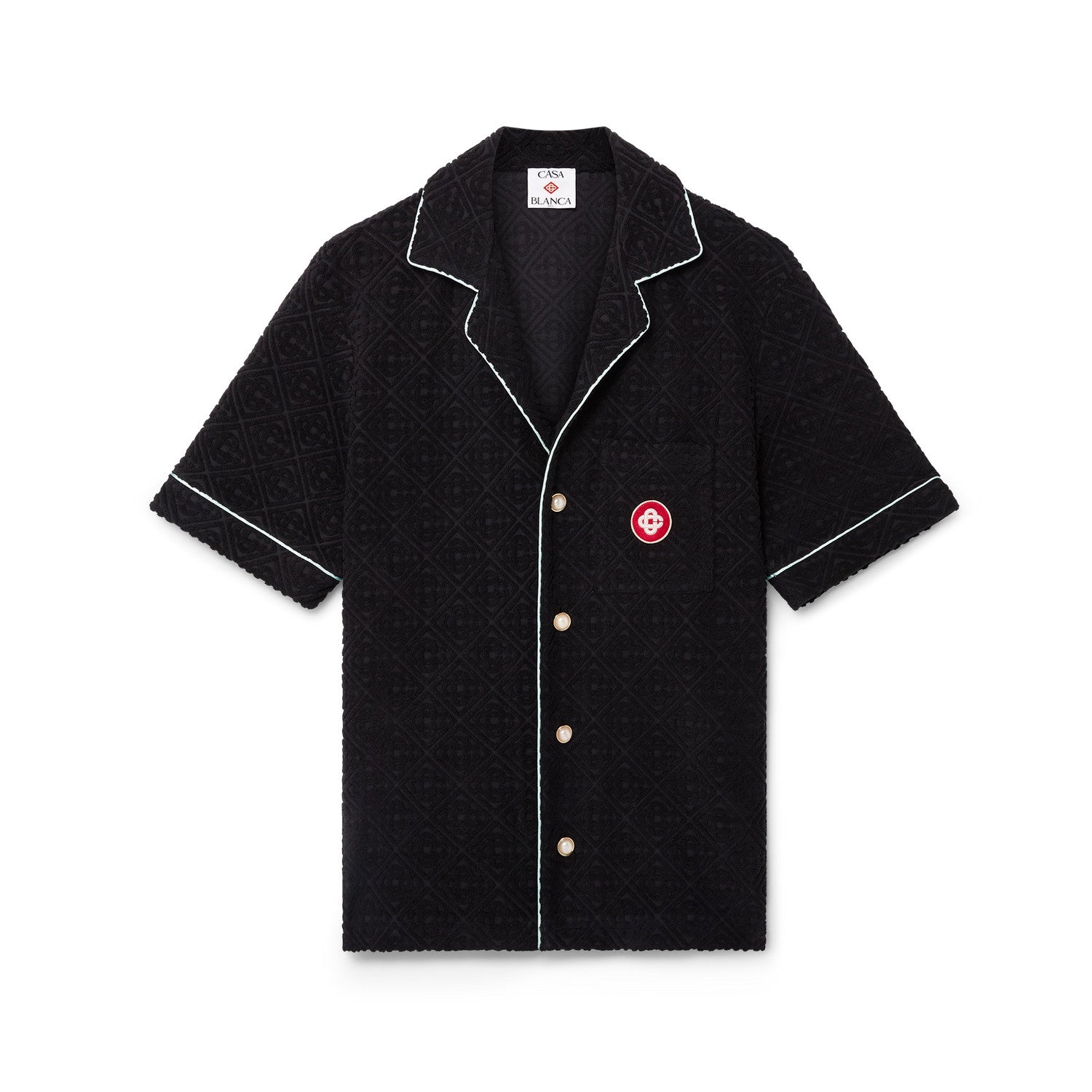 Casablanca Men's And Women's Spring/summer Fashion Casual Solid Color Towel Jacquard Collared Single Button Short Sleeve Shirt Waist Elastic Drawstring Towel Jacquard Casual Trousers Pants Suit Set #79547