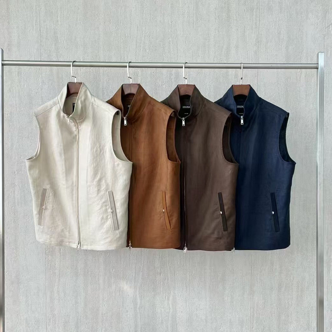 Ermenegildo Zegna Men's Spring And Autumn Solid Color Standing Collar Zipper Fit Sleeveless Vest Jacket Ngvp #1168
