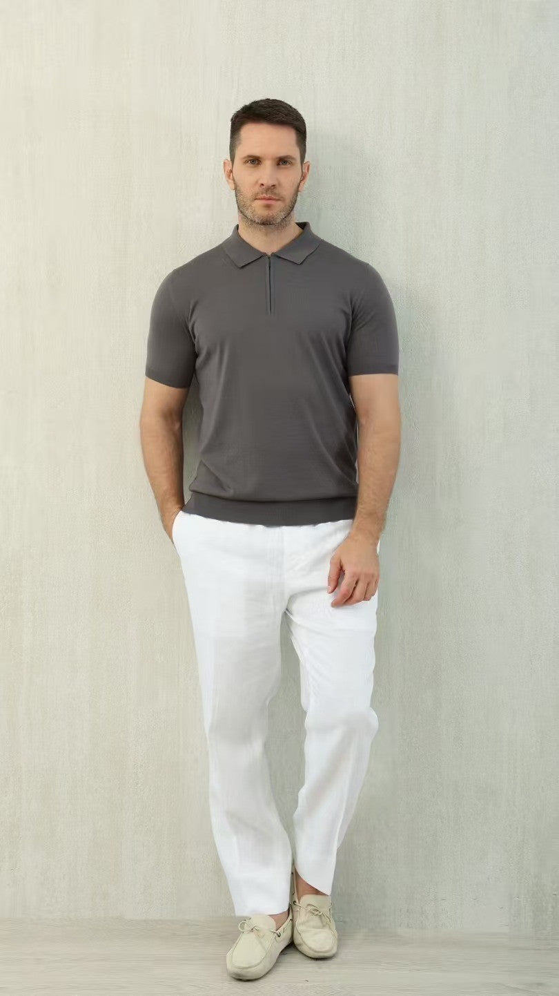 Loro Piana Men's Summer Solid Color Half Zip Straight Short Sleeve Polo Shirt Ngvp #1555