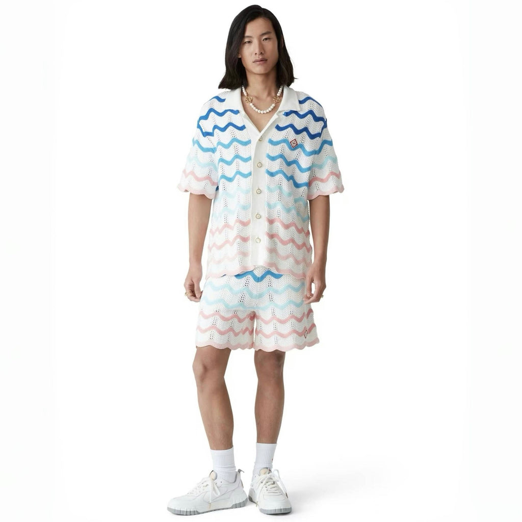 Casablanca Men's And Women's Summer Gradient Wave Print V-neck Single Breasted Knit Short Sleeved Shirt Casual Knit Shorts Suit Set #75833