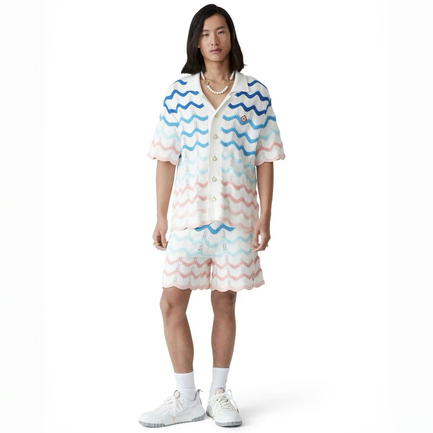 Casablanca Men's And Women's Summer Gradient Wave Print V-neck Single Breasted Knit Short Sleeved Shirt Casual Knit Shorts Suit Set #75833