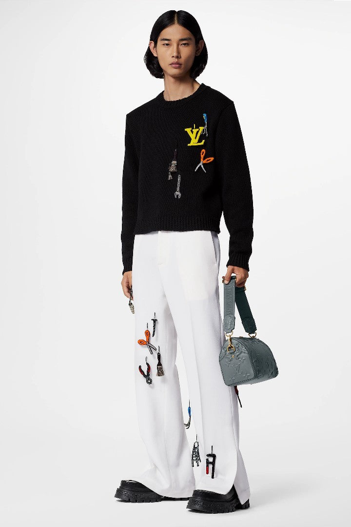 Louis Vuitton Men's Autumn and Winter Black Embroidered Letter Logo Tool Pattern Round Neck Long Sleeve Sweater Pullover #73158