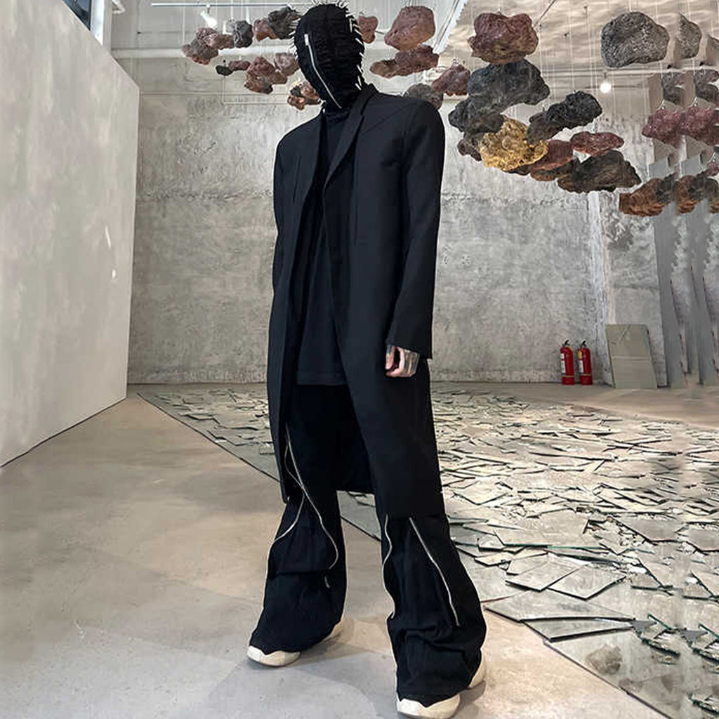 Rick Owens Black Padded Shoulder Long Suit Blazer Dark Style Trendy Handsome Casual Suit High Street Fashion Jacket  #71773