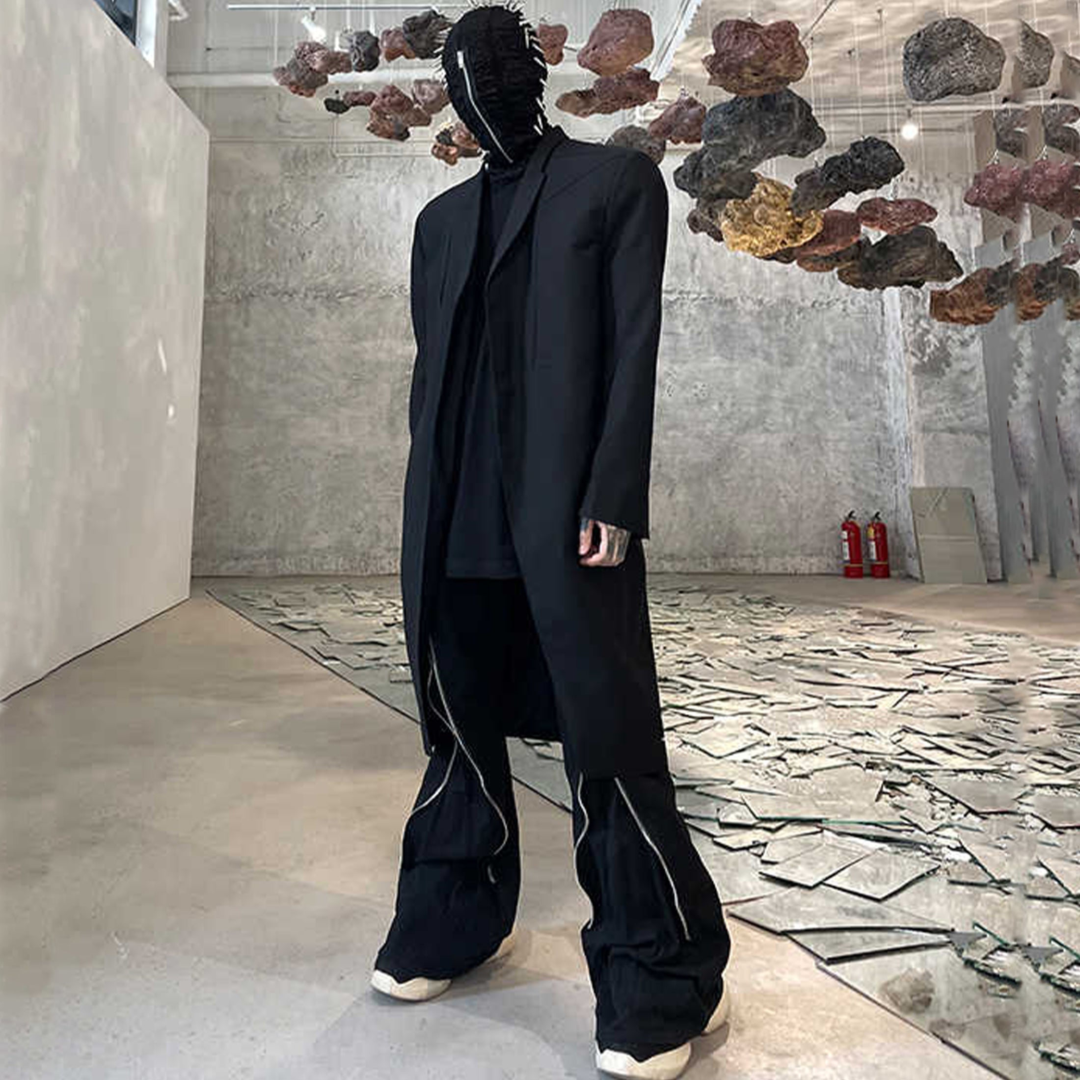 Rick Owens Black Padded Shoulder Long Suit Blazer Dark Style Trendy Handsome Casual Suit High Street Fashion Jacket  #71773