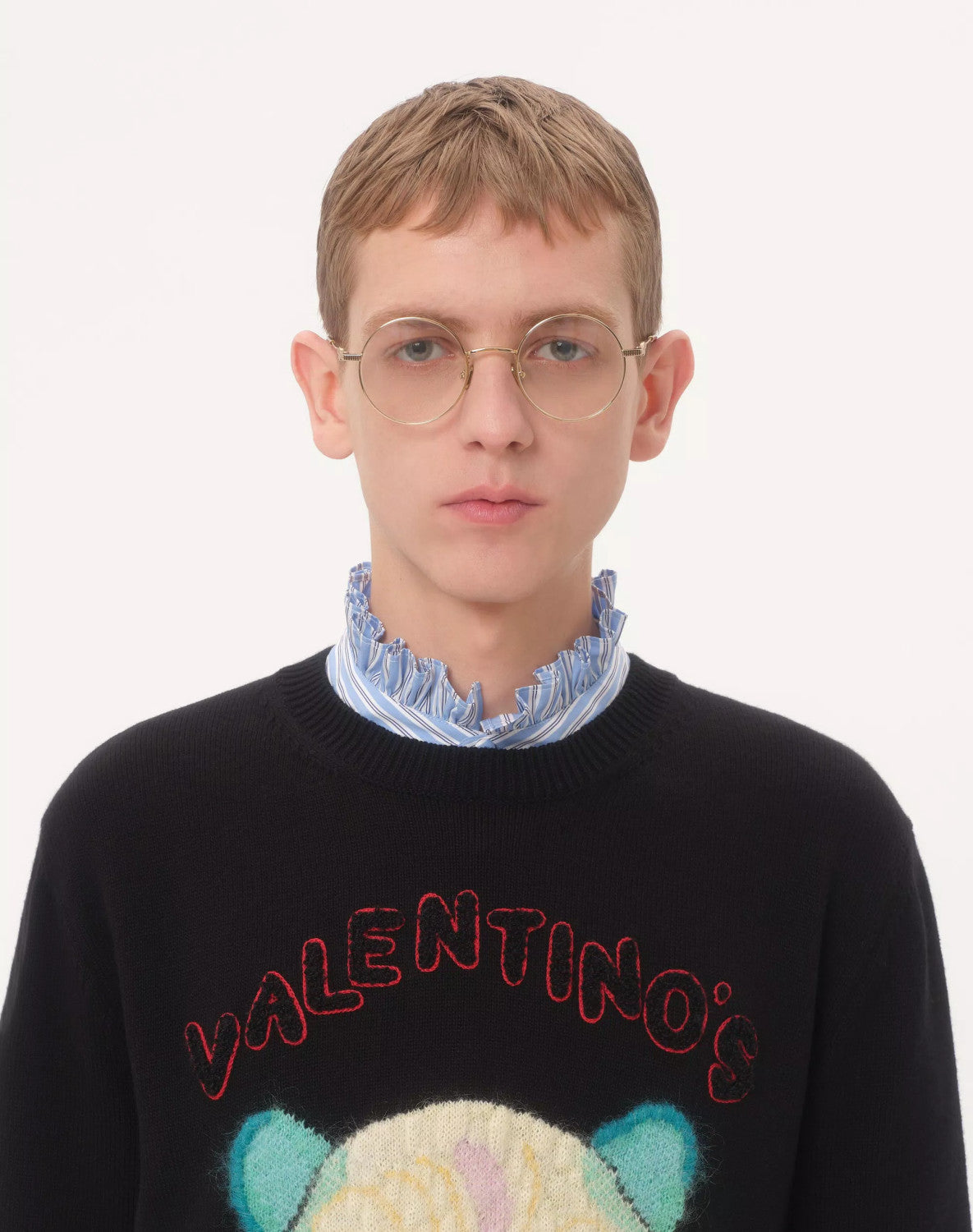 Valentino Men's Le Chat De La Maison Wool Logo Cat Embroidered Solid Color Crew Neck Long Sleeve Knit Sweater #81754