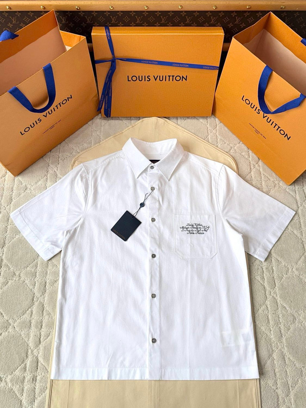 Louis Vuitton Men's Summer Casual Collared Single Breasted Letter Embroidered Short Sleeved Shirt #78427