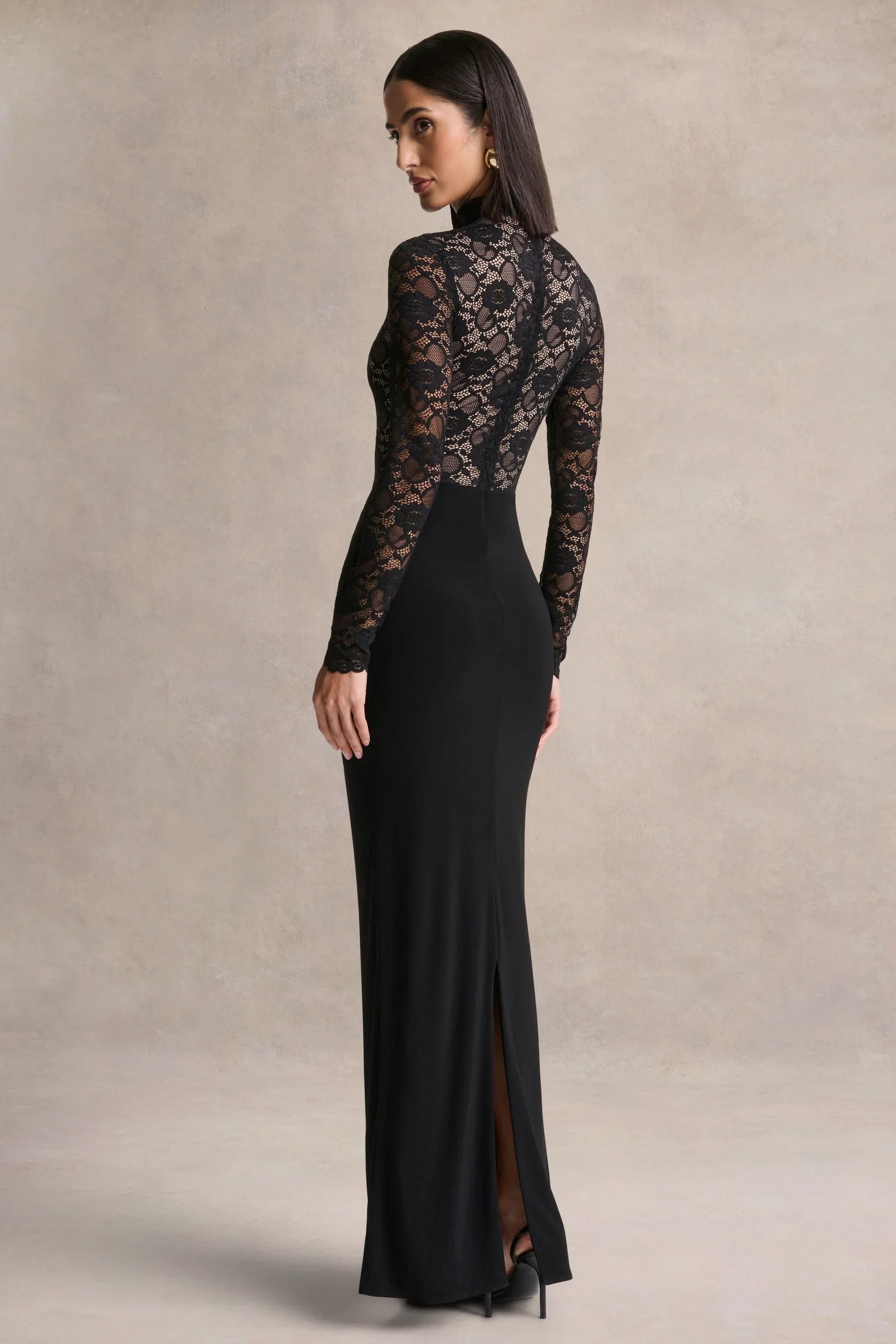 Justina | Black High-Neck Maxi Dress With Gathered-Detailing
