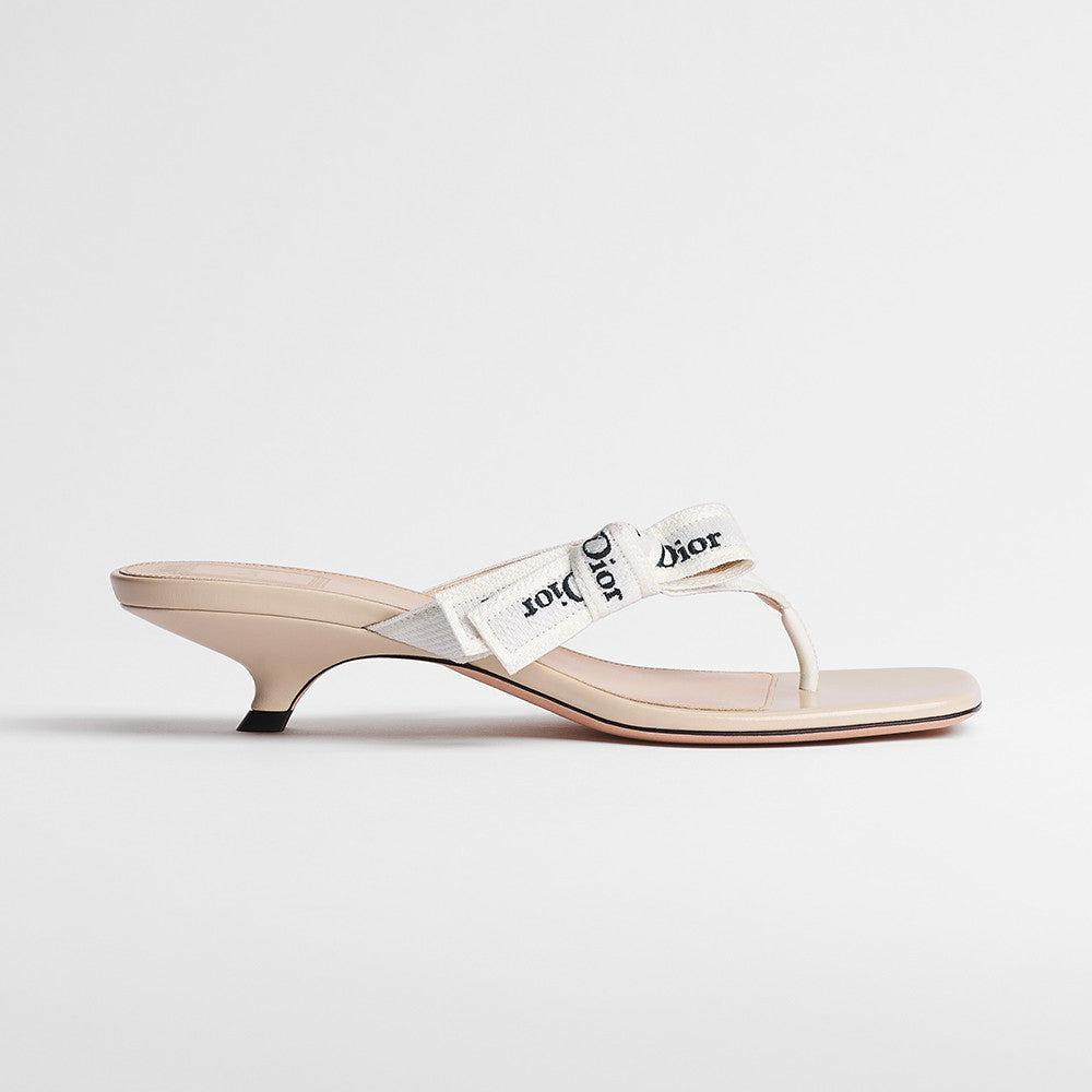 DIOR J Adior Heeled Thong Sandal White Embroidered Cotton and Black Lambskin #385829