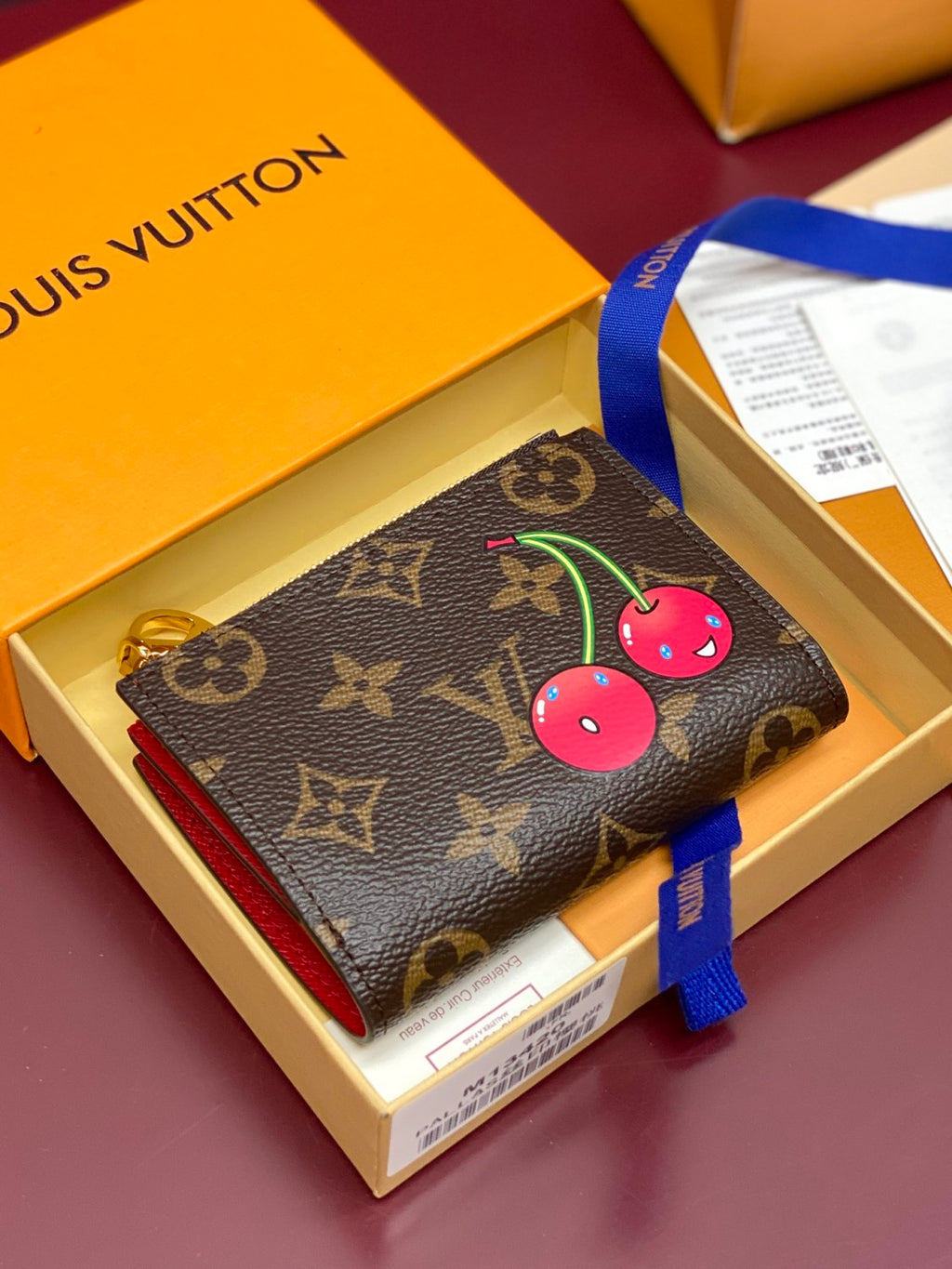 Louis Vuitton LV x TM LISA Women's Brown Letter Print Cherry Pattern Leather Wallet Bag Bags #77596