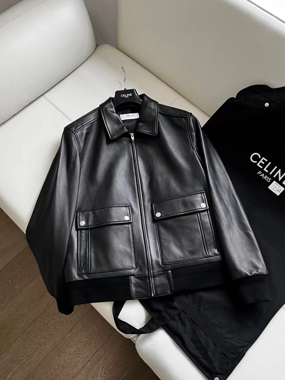 Celine Men's Fall And Winter Black Lambskin Lapel Zipper Long Sleeve Jacket #98456