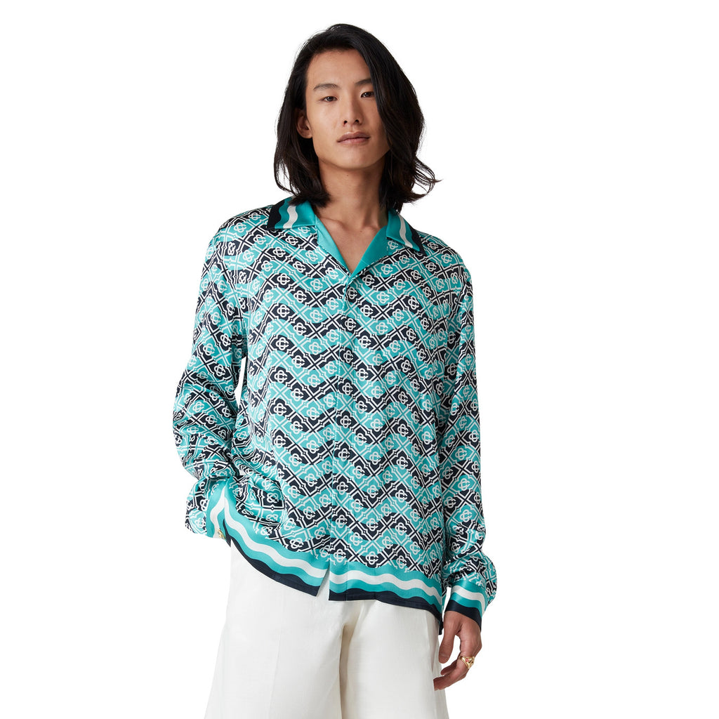 Casablanca Men's and Women's Fashion Casual Full Print Logo Silk Long Sleeve Shirt Elastic Drawstring Waist Full Print Logo Silk Long Pants Suit Set #78594