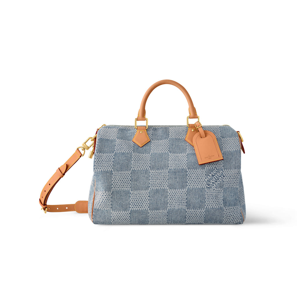 Louis Vuitton Speedy 40 Bandoulière Men's and Women's Checkerboard Printed Denim Patchwork Leather Single Shoulder Crossbody Tote Bag Travel Bags #76847
