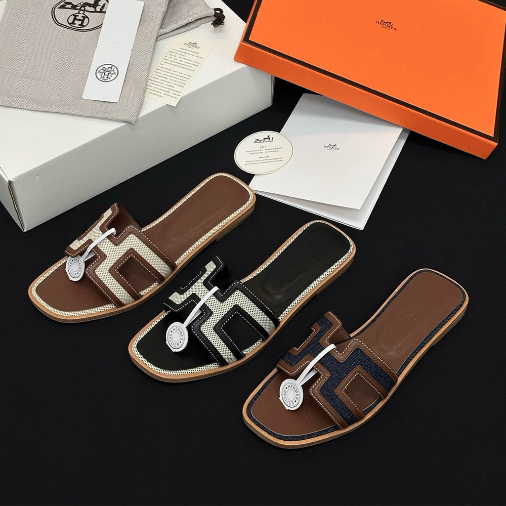 Hermès Denim Patchwork Slippers #385097