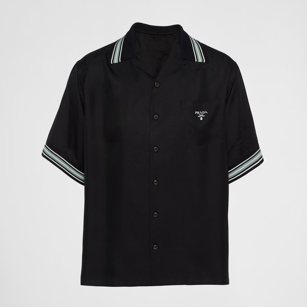 Prada Men's Summer Black Striped Letter Logo Printed Single Breasted Short Sleeve Shirt #99621