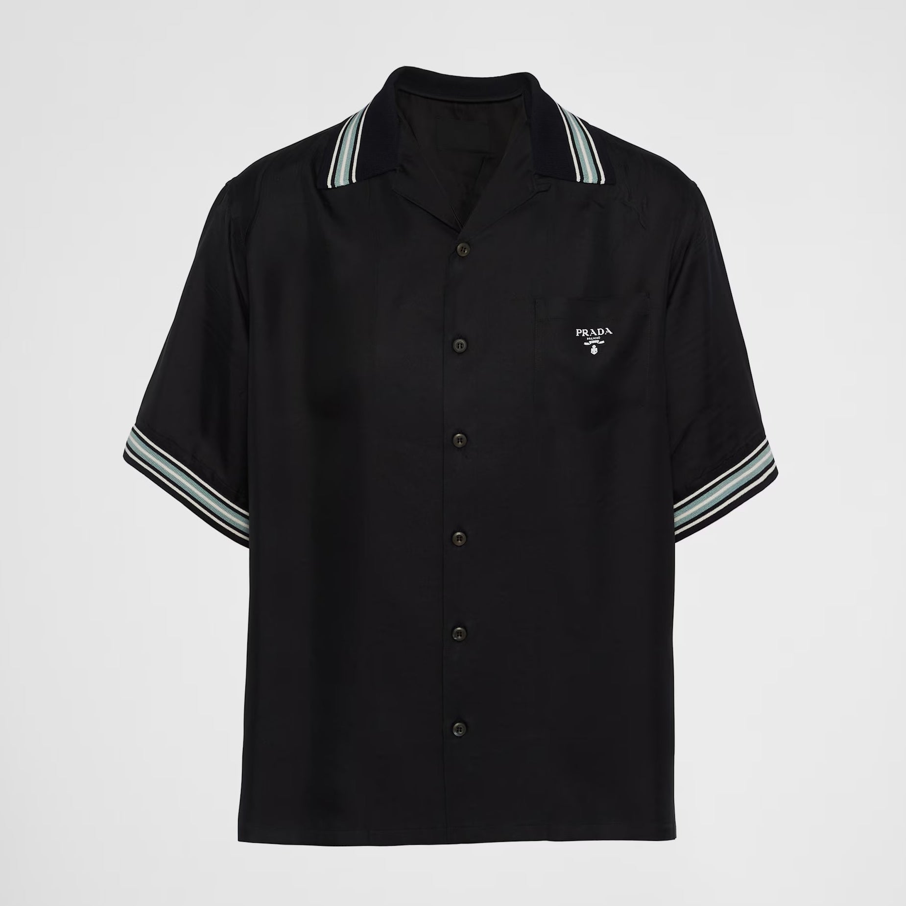 Prada Men's Summer Black Striped Letter Logo Printed Single Breasted Short Sleeve Shirt #99621