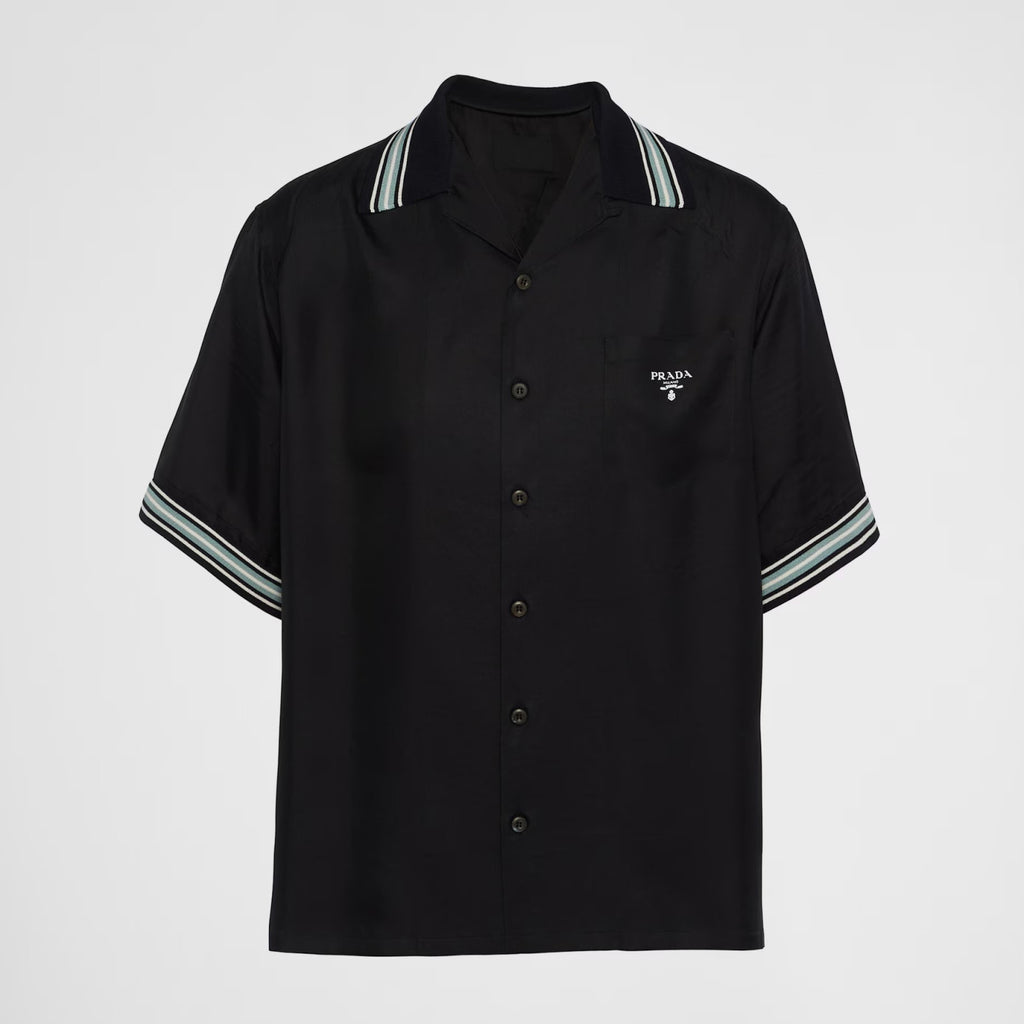 Prada Men's Summer Black Striped Letter Logo Printed Single Breasted Short Sleeve Shirt #99621