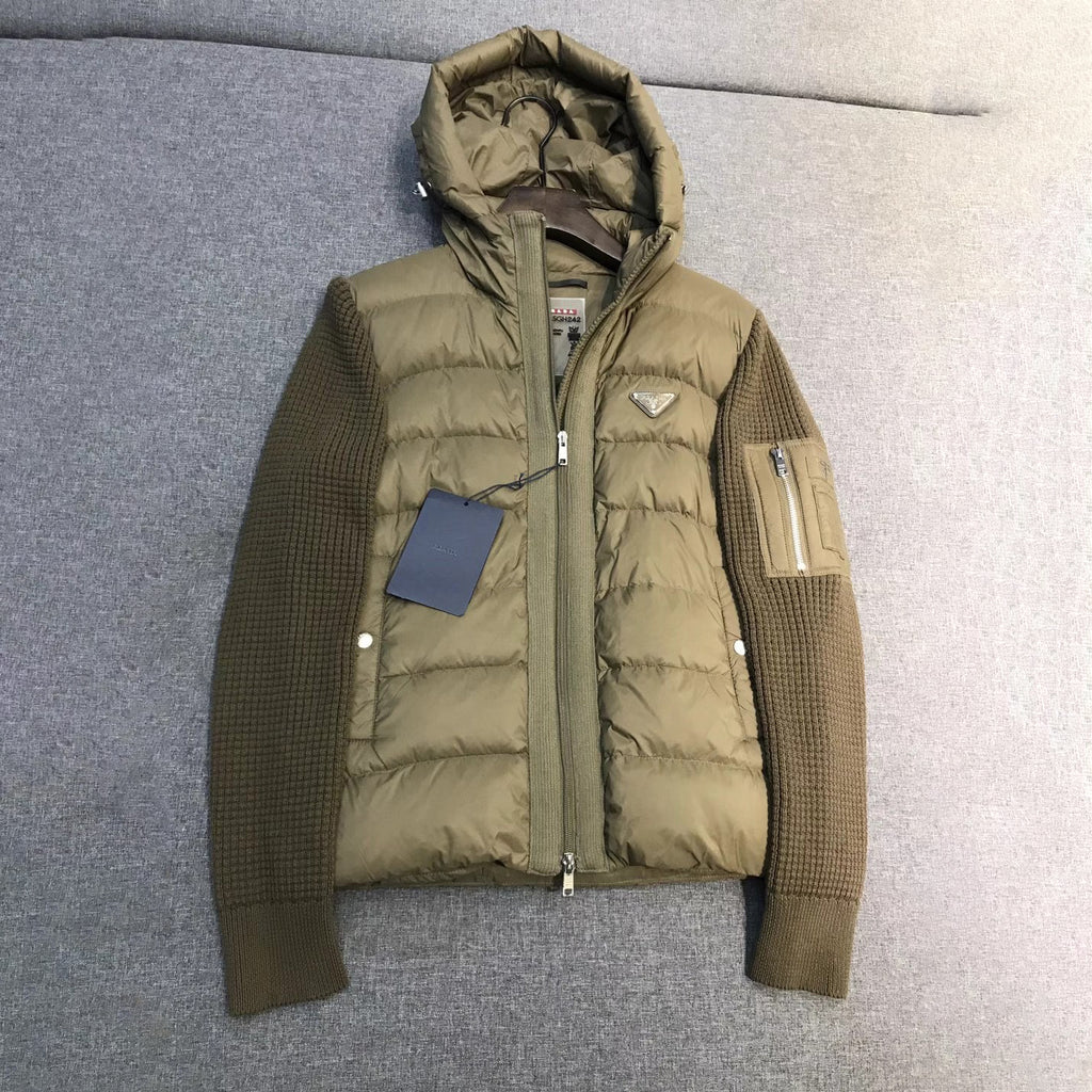 Prada Men's Fall/Winter Fashion Casual Classic Logo Triangular Enamel Emblem Hooded Zipper Patchwork Down Jacket #79548