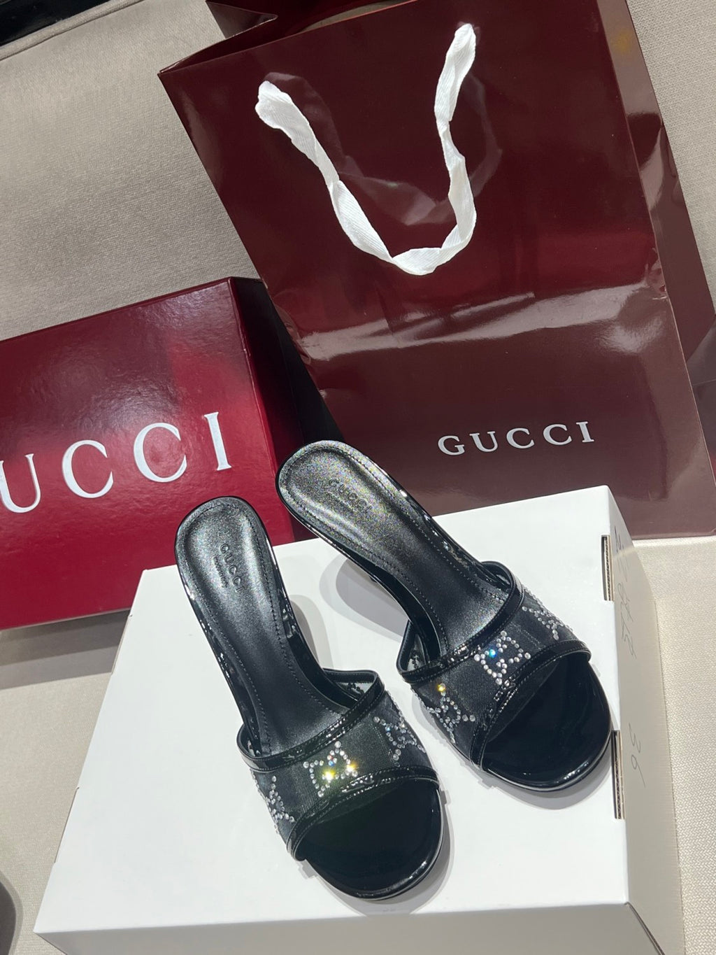 Gucci Women's Crystal Slide Sandal in Black GG Crystal Mesh#380127