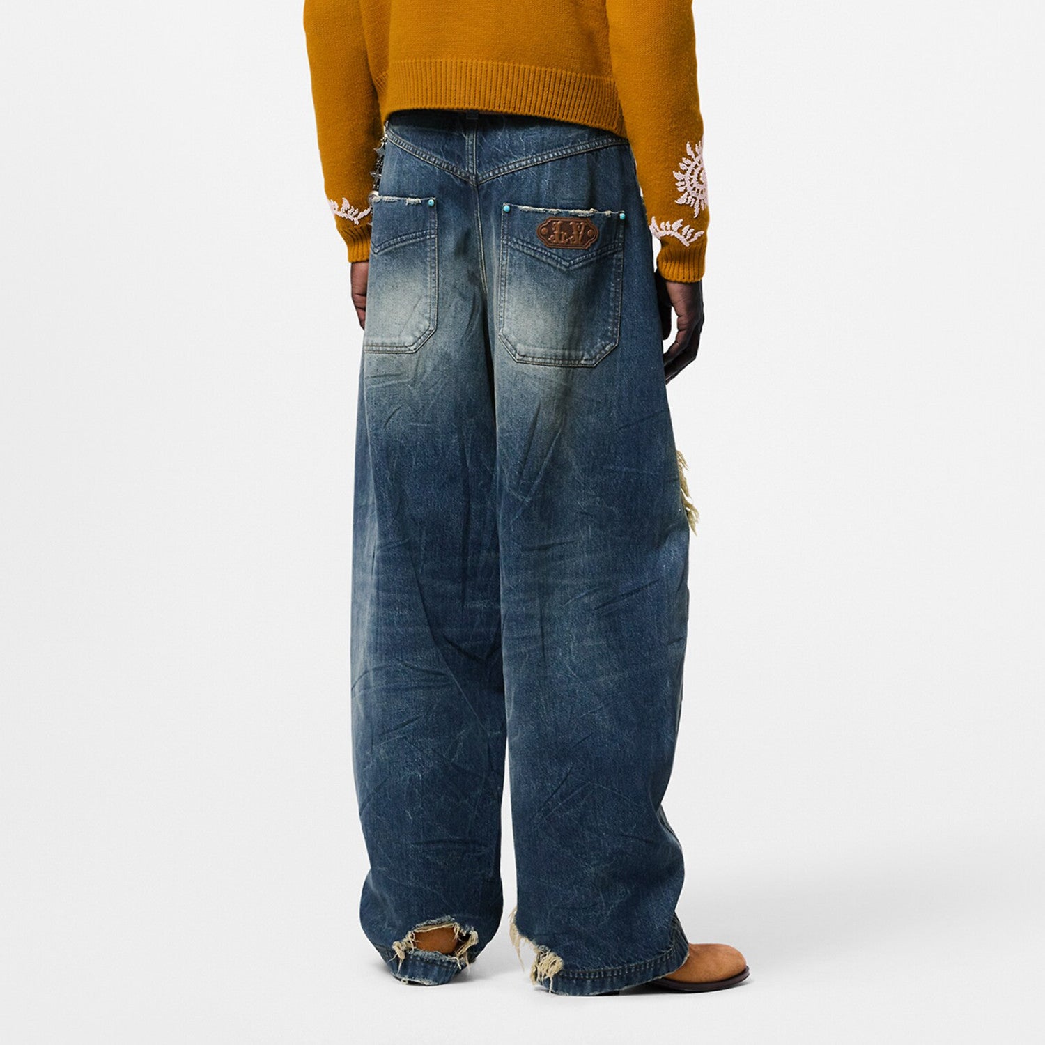 Louis Vuitton Men's Four Seasons Fashion Hole Retro High Street Old Washed Jeans Straight Wide Leg Pants  Ngvp #9131