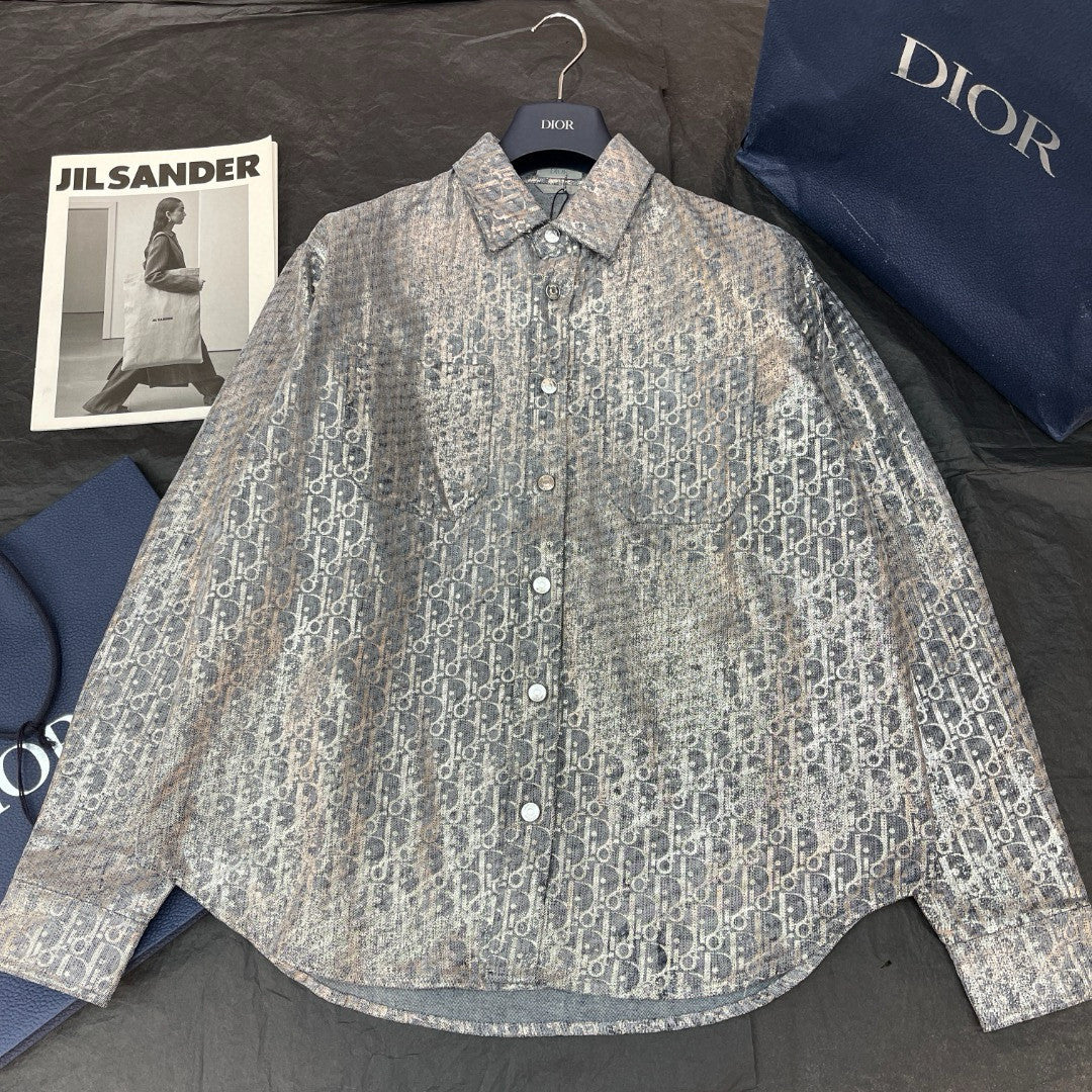 Dior Men's Autumn And Winter Grey Logo Full Print Old Single-Breasted Long-Sleeved Shirt Pants Suit Set #97715