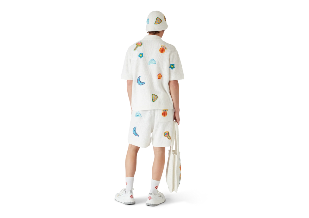 Casablanca Men's Summer Embroidered Solid-Color Cotton Loose-Fit Knit Short-Sleeve Shirt Casual Drawstring Mid-Rise Motif Crochet Shorts Suit Set Ngvp #2392