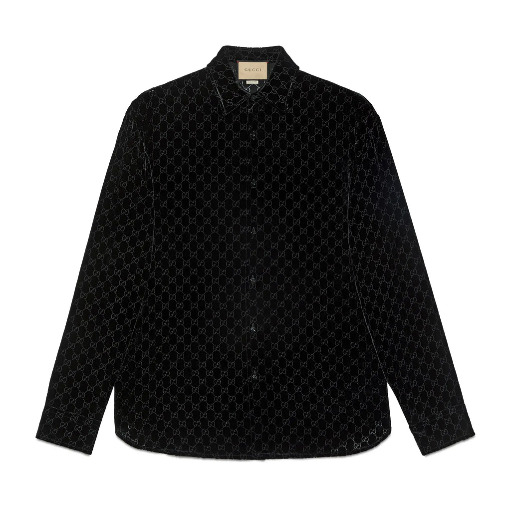 Gucci Men's Spring And Fall Black Logo Pattern Printed Velvet Single breasted Long Sleeved Shirt #72673