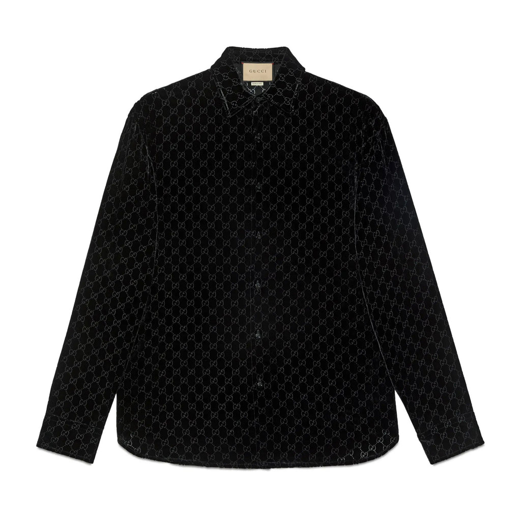 Gucci Men's Spring And Fall Black Logo Pattern Printed Velvet Single breasted Long Sleeved Shirt #72673