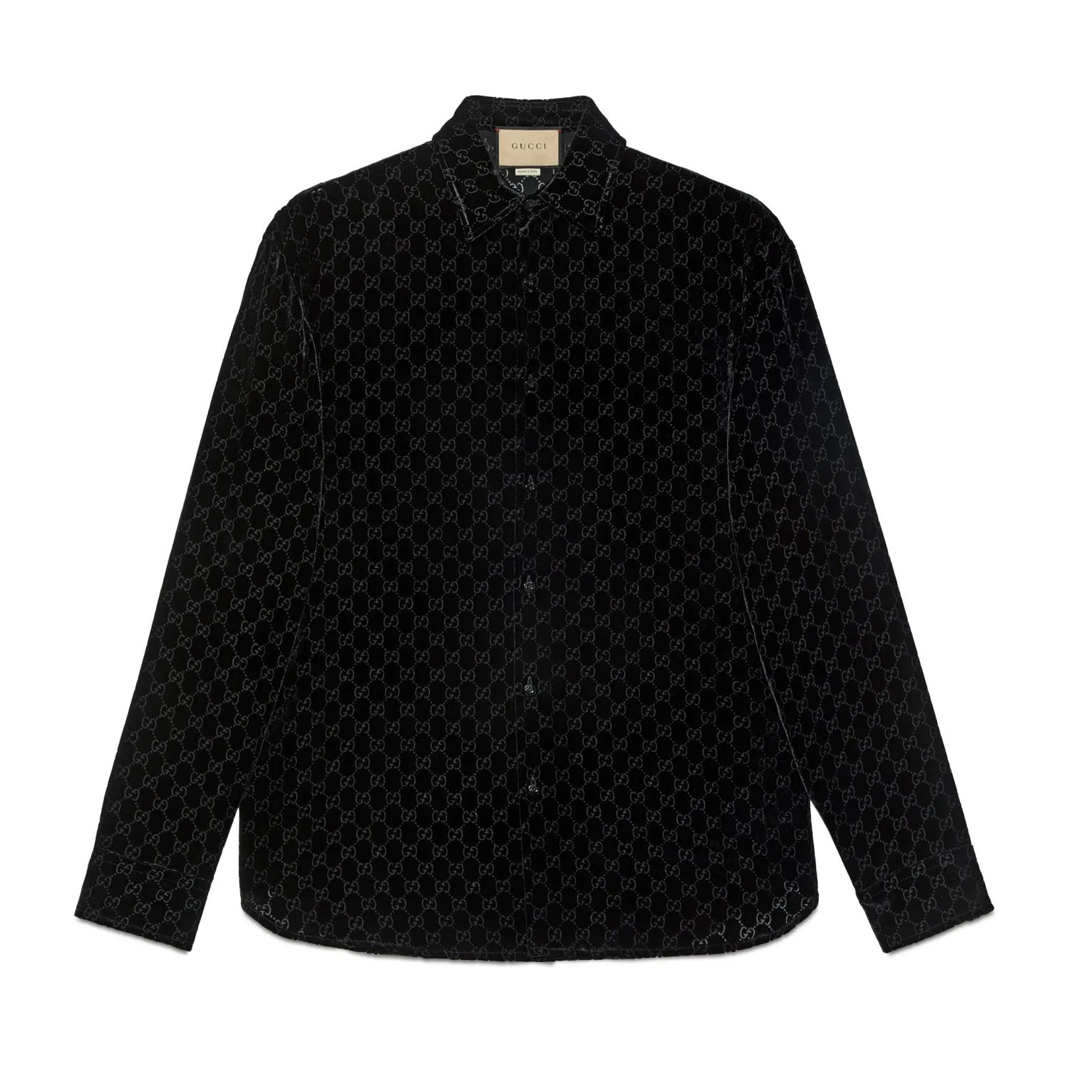 Gucci Men's Spring And Fall Black Logo Pattern Printed Velvet Single breasted Long Sleeved Shirt #72673