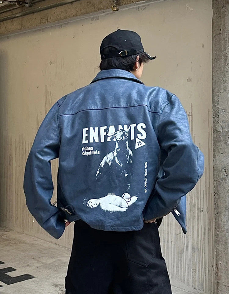 Enfants Riches Deprimes Men's Spring. Autumn And Winter Washed And Aged Crackle Pattern Printed Zipper Solid Color Long Sleeve Cowhide Jacket Ngvp #9337