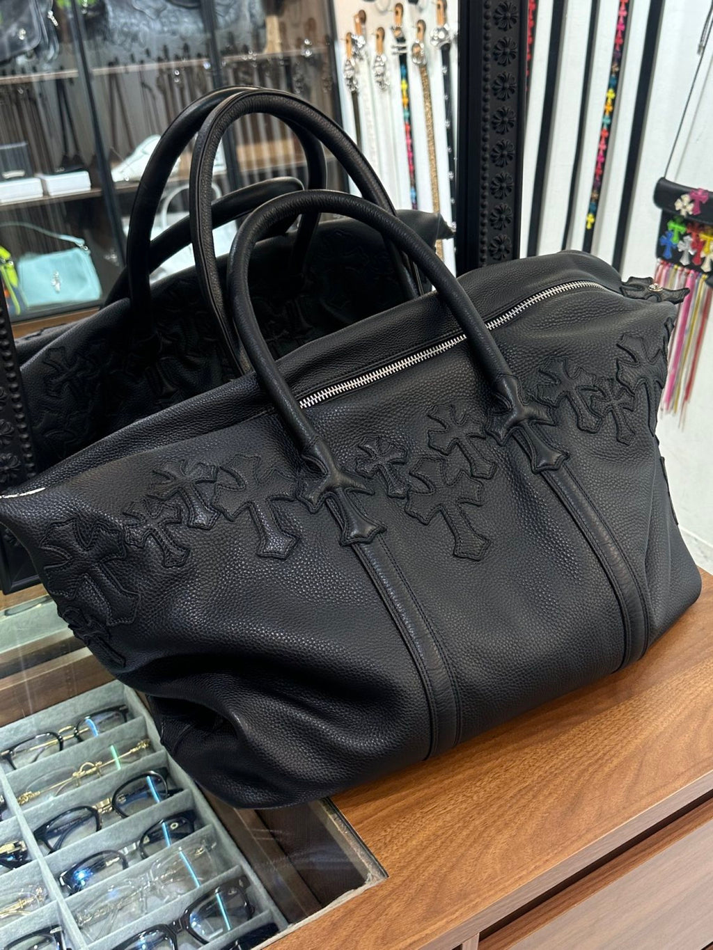 Chrome Hearts 925 Sterling Silver Cross Large Capacity Travel Duffle Bag Elegant Clutch Bag Luxury Black Tote Bags #81949A