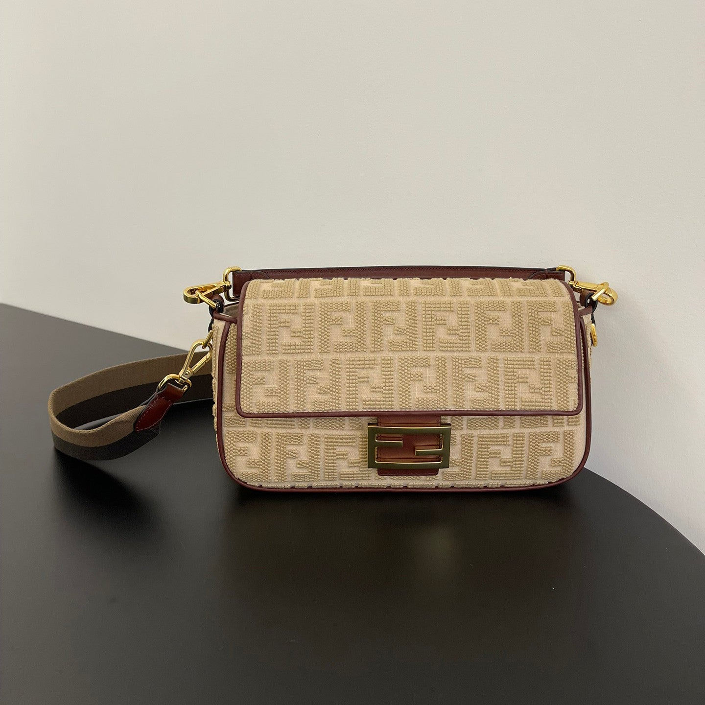 Fendi Women's FF Printed Flap Magnetic Clasp Closure Jacquard Fabric Baguette Bag Shoulder Tote Handbag Bags #76386