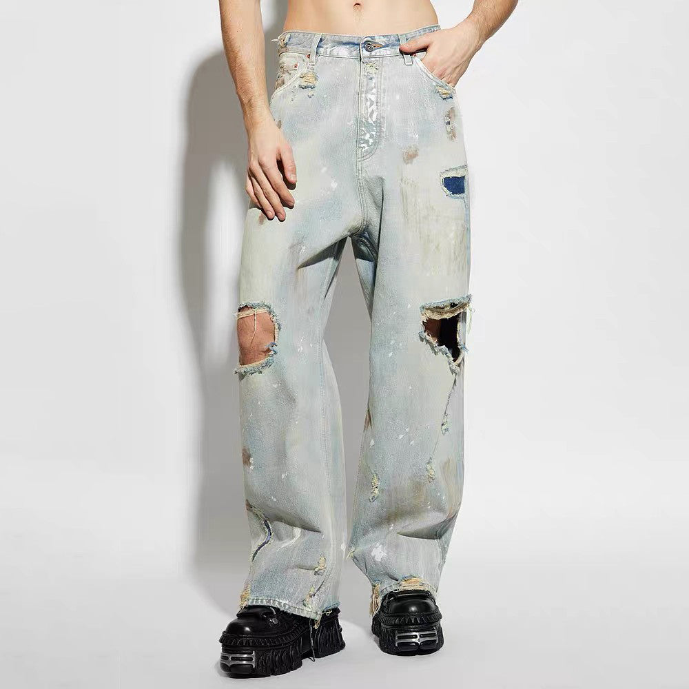 Vetements Men's Four Season Mid Rise Solid Color Distressed Holes Jeans Casual Cotton Loose Wide Leg Pants Ngvp #1211