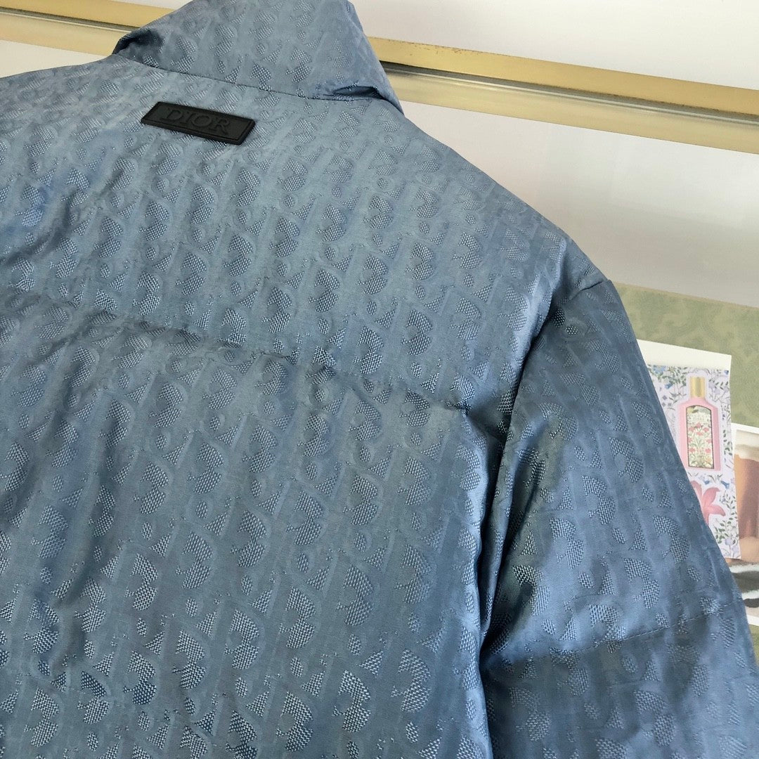 Dior Men's Fall And Winter Blue Dark Logo Print Lapel Single Breasted Long Sleeved Puffer Down Jacket #74511