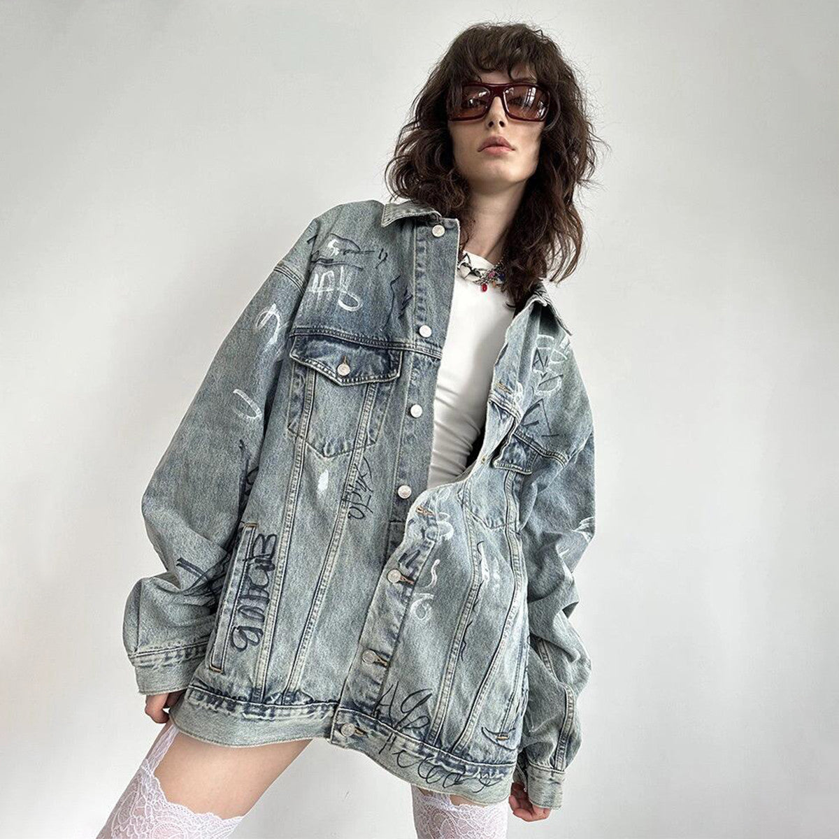 Balenciaga Men's Women's Spring And Autumn Graffiti Hand-painted Vintage Washed Denim Jacket Fashion Trend Loose Blue Loose Denim Jacket Ngvp #1974