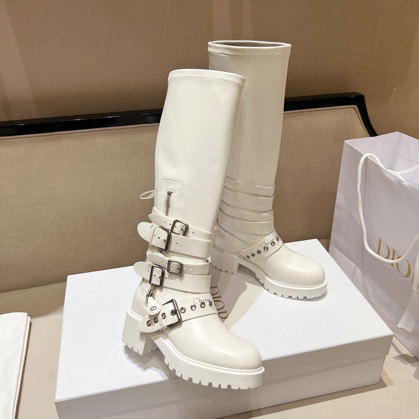 Dior D-Fight Women's Classic Trendy Round-Toe Zipper Chunky Heel Leather Knee-High Boots Shoes #78765