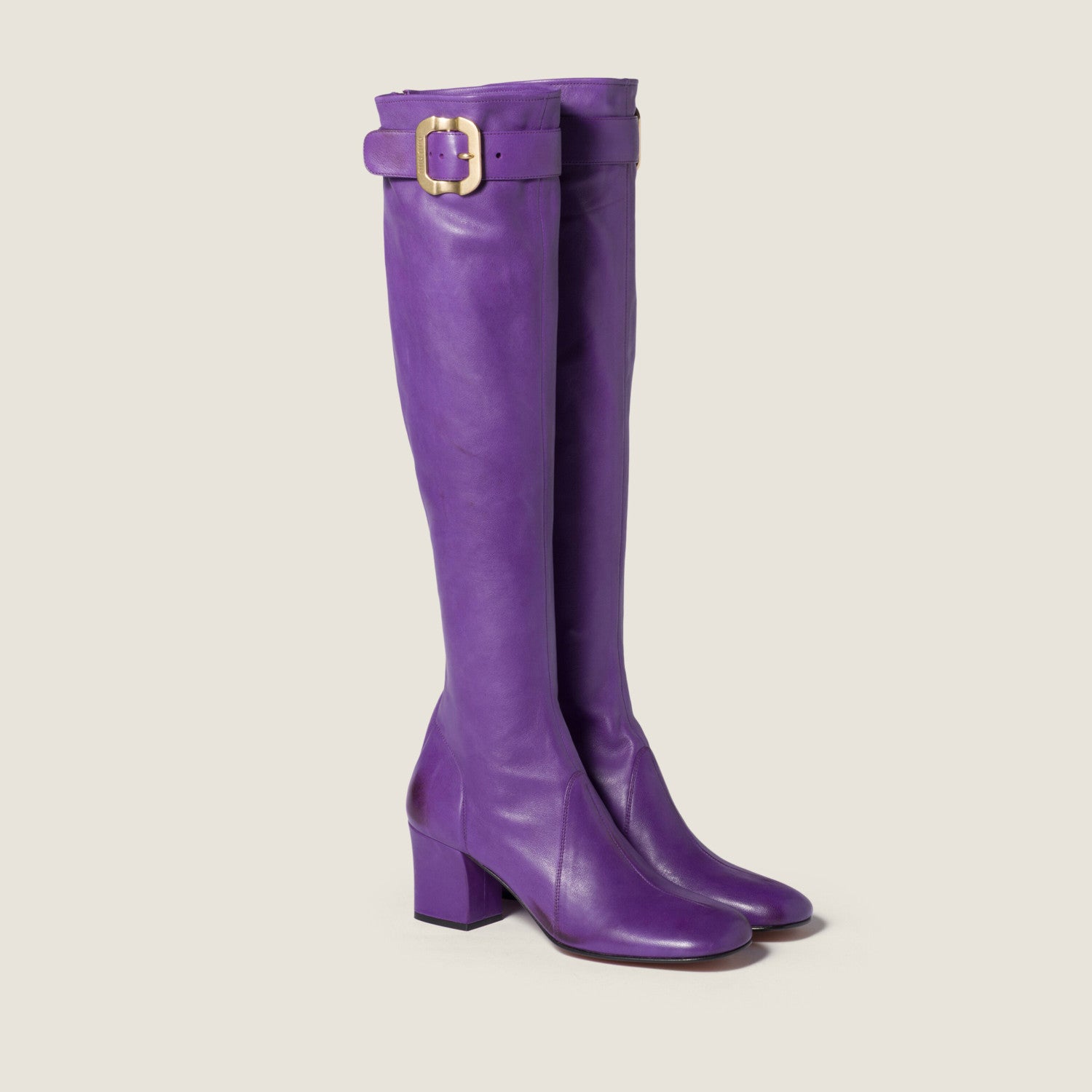 MiuMiu Women's Spring/Fall Fashion Classic Round Toe Cuffed Chunky Heel Solid Color Leather Long Boots Shoes#78718