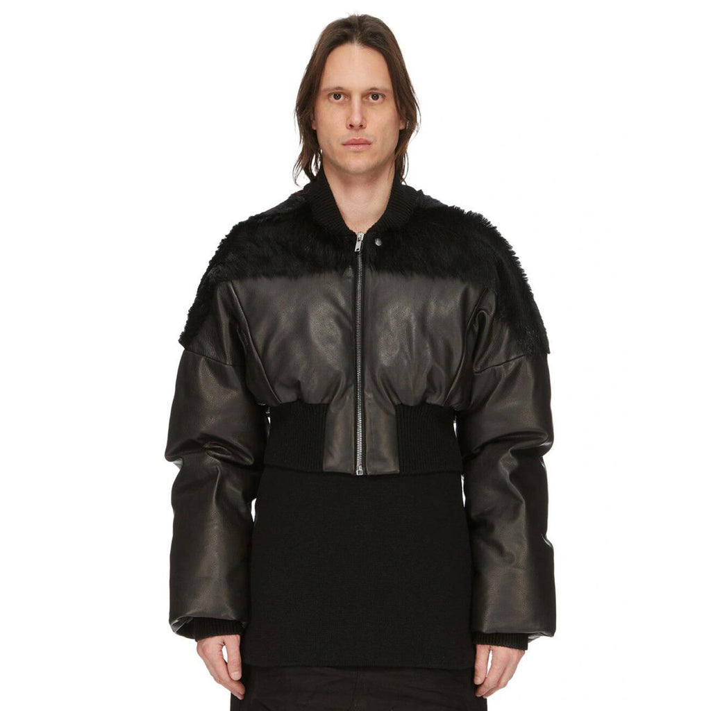 Rick Owens Men's Autumn And Winter Fur Splicing Leather Down Jacket Dark Style Fashion High Street Hip Hop Zip Short Jacket  Ngvp #9825