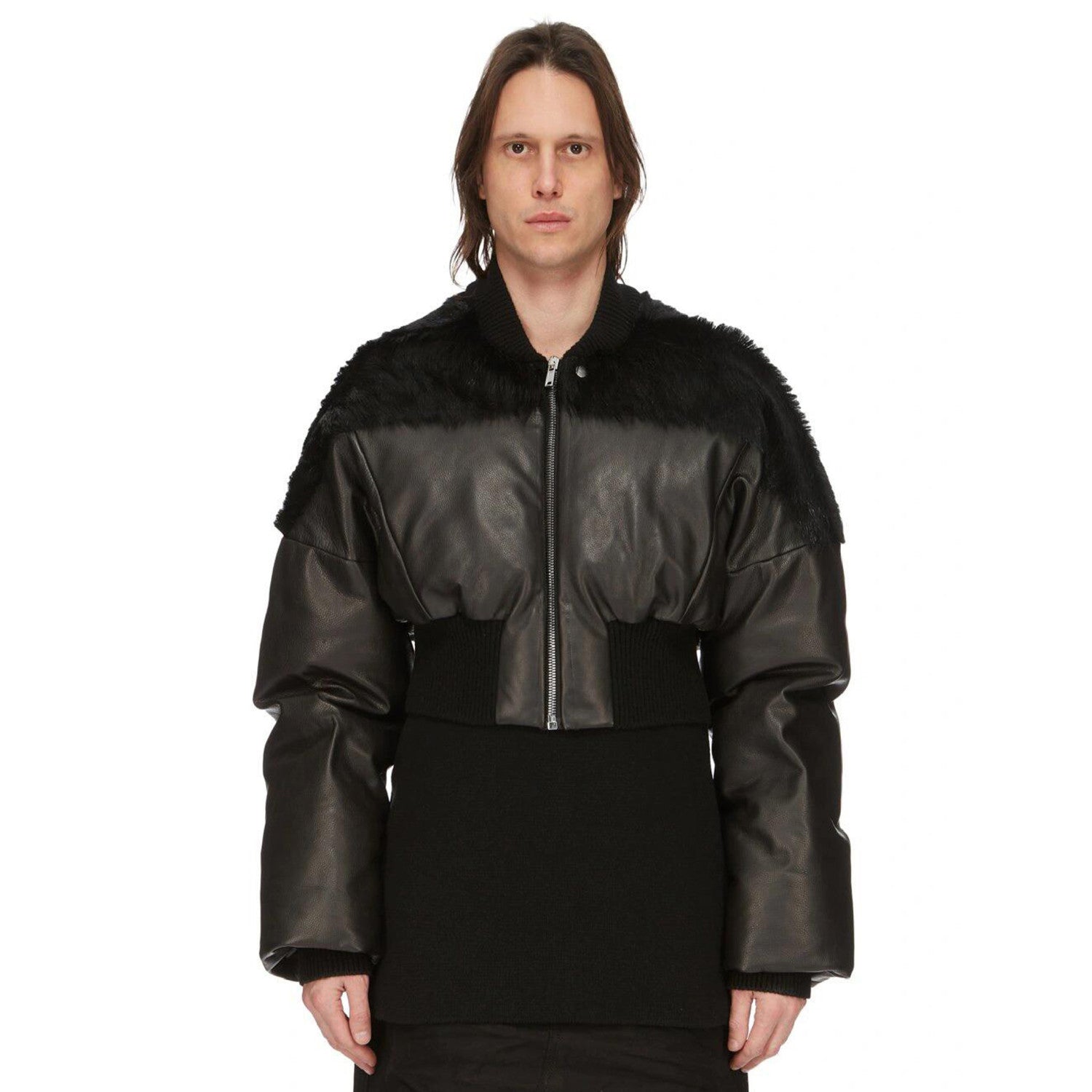 Rick Owens Men's Autumn And Winter Fur Splicing Leather Down Jacket Dark Style Fashion High Street Hip Hop Zip Short Jacket  Ngvp #9825