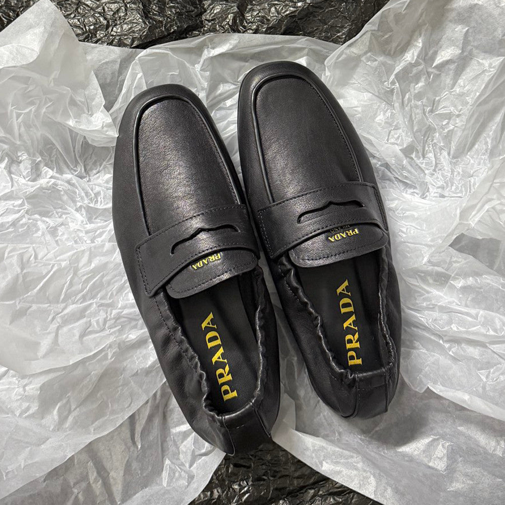 Prada Women's Solid Color Round Toe Slip-On Shiny Oiled Leather and Suede Casual Loafers Shoes #77758