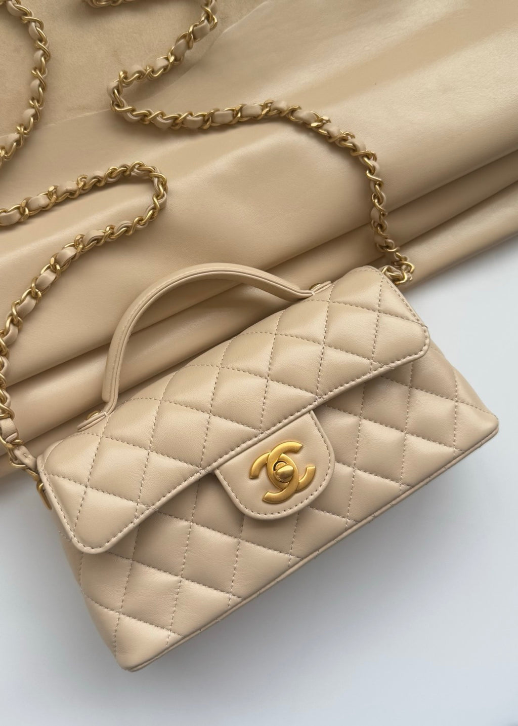 Chanel Women's Horizontal Trumpet Apricot Kelly Bag Lambskin Apricot Antique Gold Buckle Shoulder Crossbody Handbag #332359