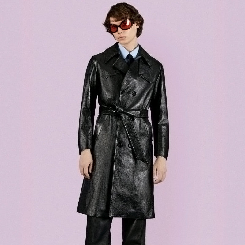 Gucci Men's Fall And Winter Black Double Breasted Lace Up Drawstring Lambskin Long Coat Jacket #99879