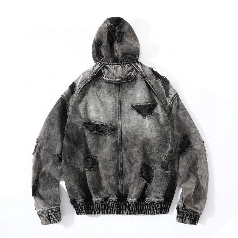 Juun.j Men's And Women's Spring And Fall Fashion Casual Washed And Old Destruction Denim Hooded Zipper Jacket Ngvp #7788
