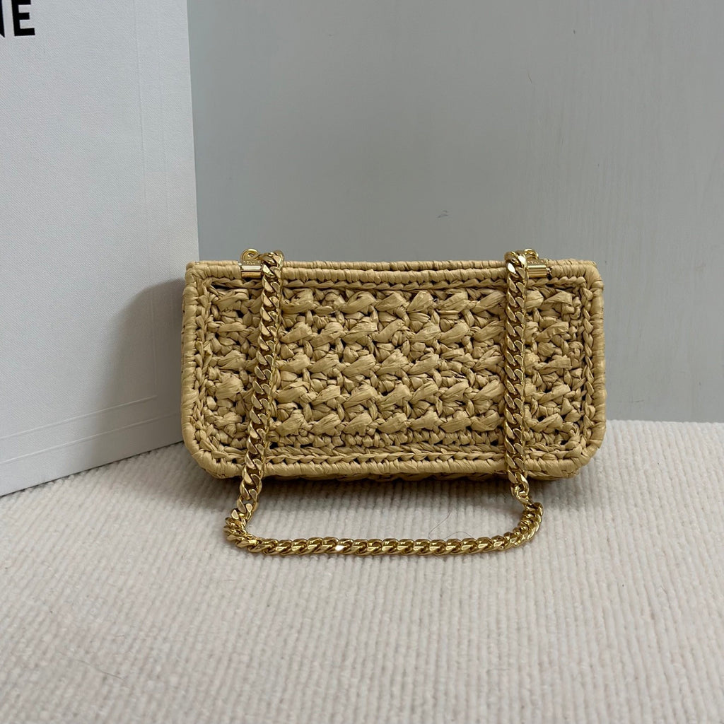 Celine TRIOMPHE Women's Monogrammed Gold Buckle Raffia Woven Solid Color Crossbody Shoulder Bag Bags #76673