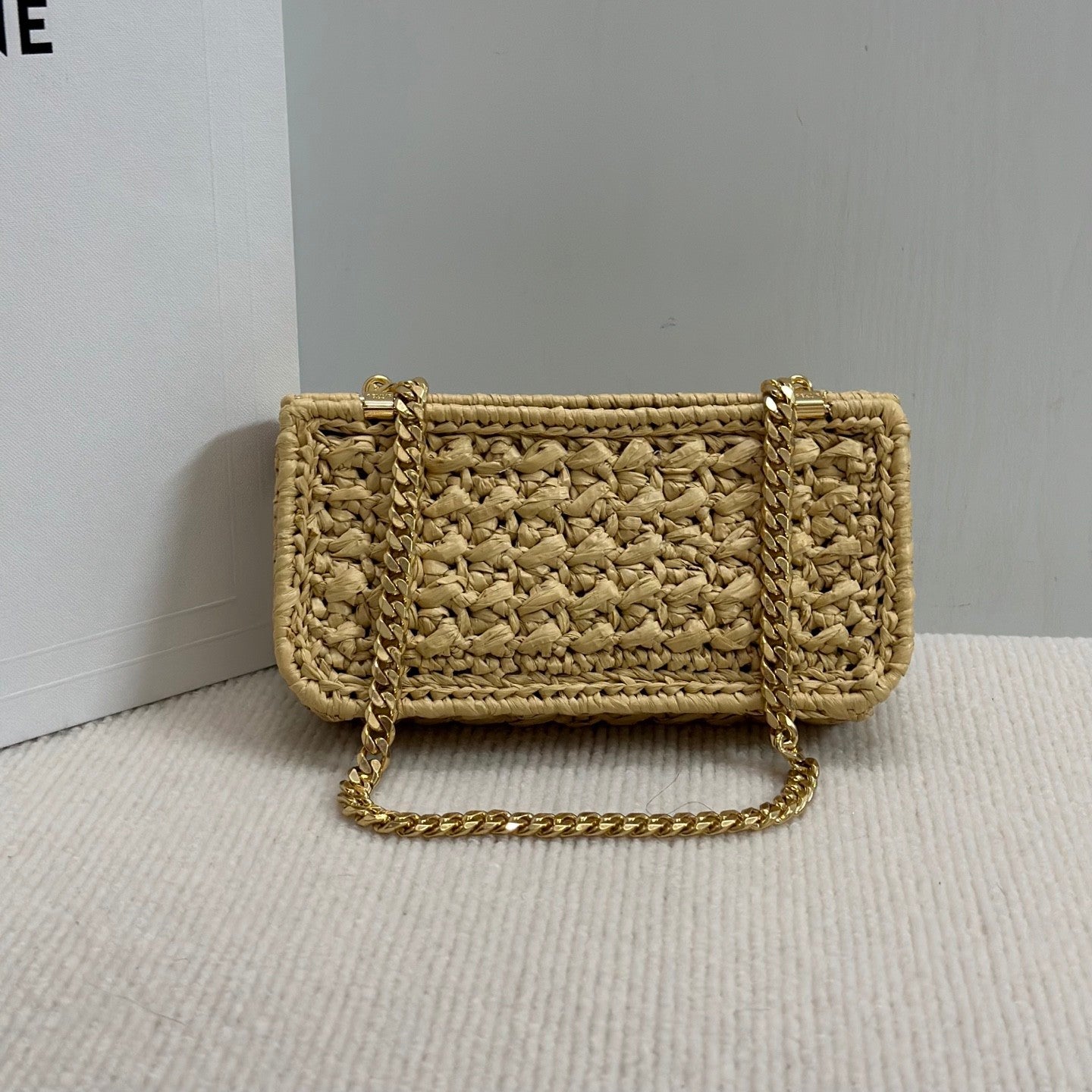 Celine TRIOMPHE Women's Monogrammed Gold Buckle Raffia Woven Solid Color Crossbody Shoulder Bag Bags #76673